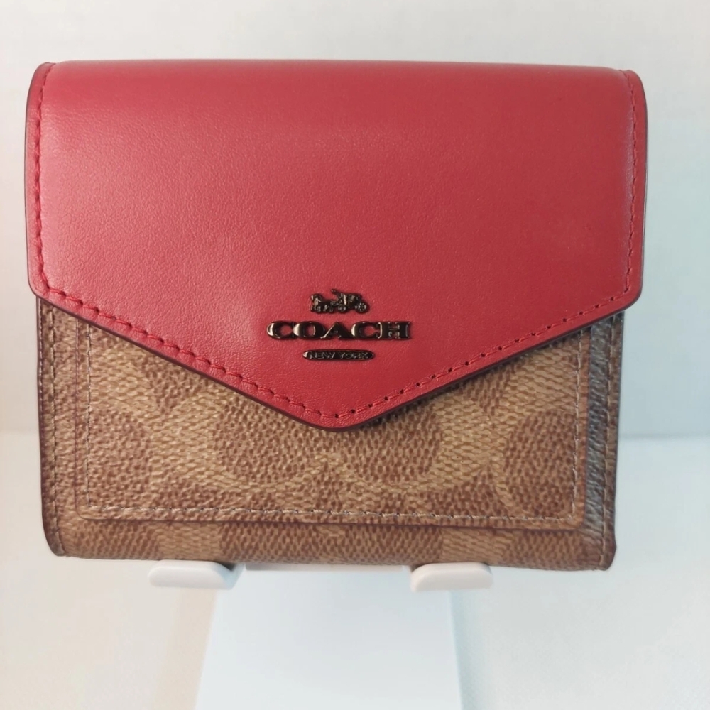 Coach New York Tan Rust Colorblock Small Signature Canvas Wallet